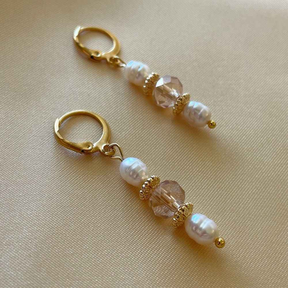 Gold-tone Freshwater Pearl and Bead Drop Hoop Earrings